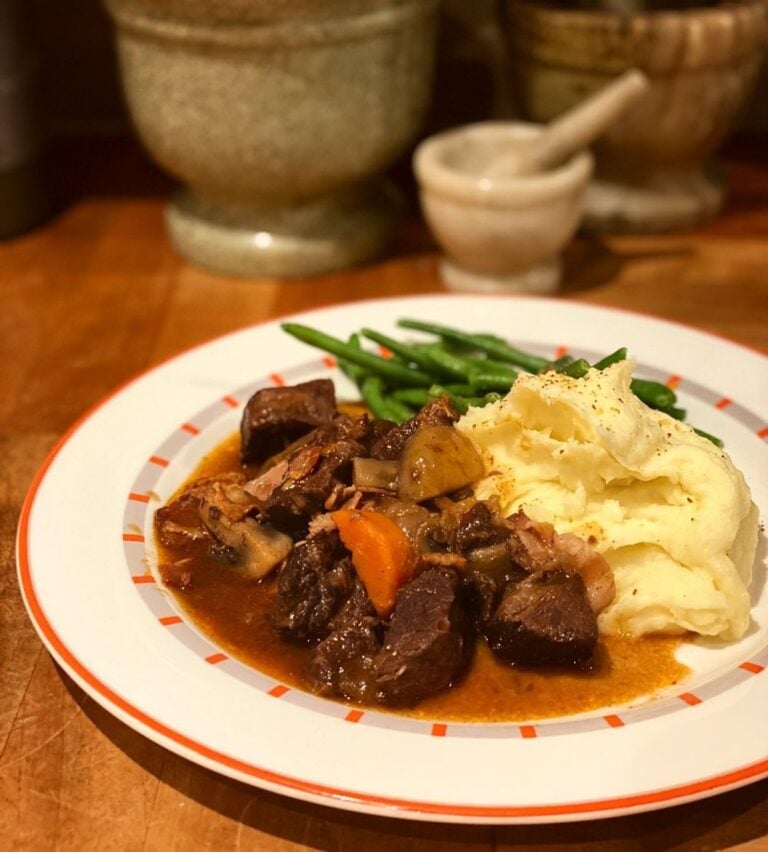 Homemade Authentic French Beef Bourguignon, freshly made and ready to serve