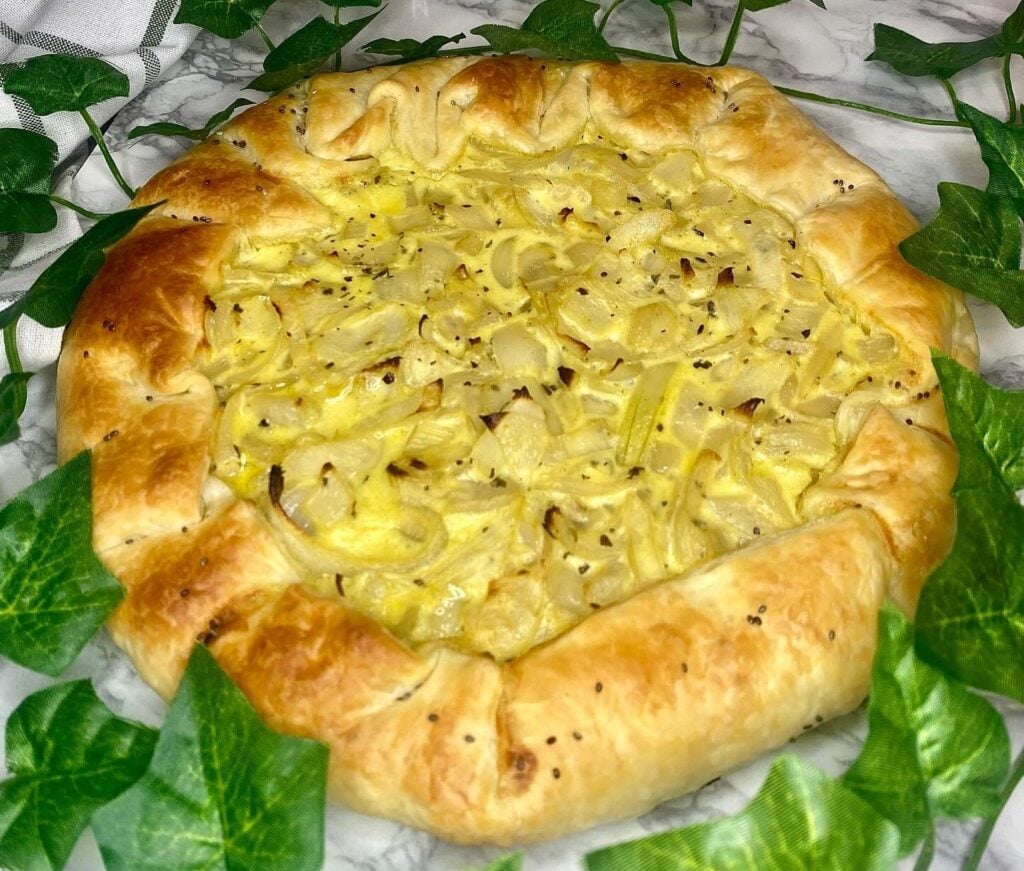 Homemade Classic French Onion Tart, freshly made and ready to serve