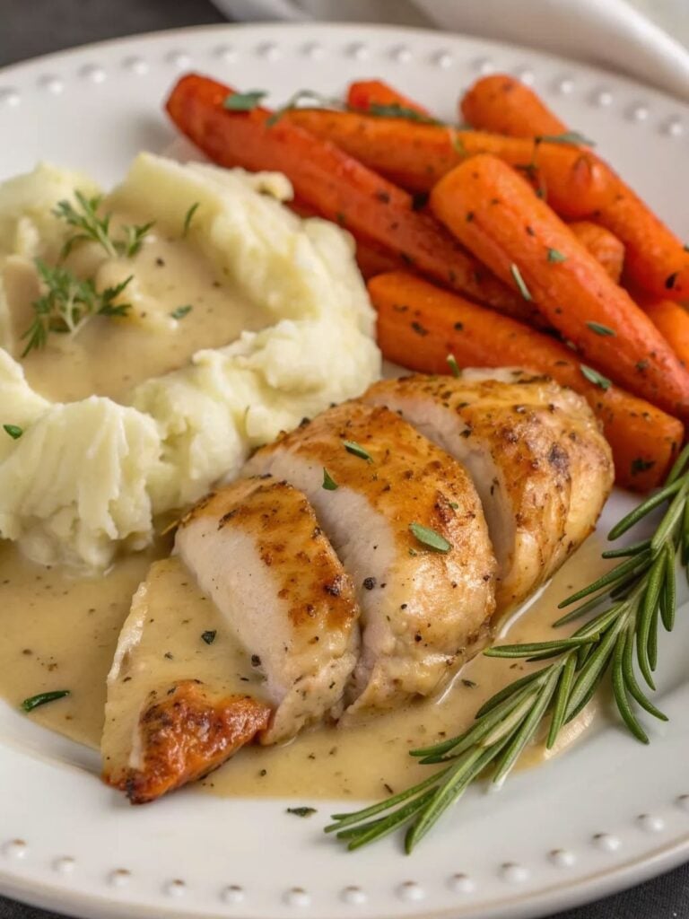 Homemade Creamy Chicken with Mashed Potatoes, freshly made and ready to serve