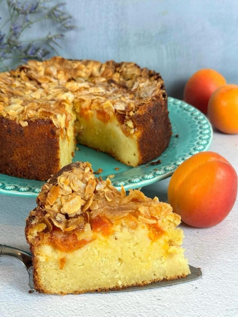 Homemade Crispy Almond Apricot Cake, freshly made and ready to serve