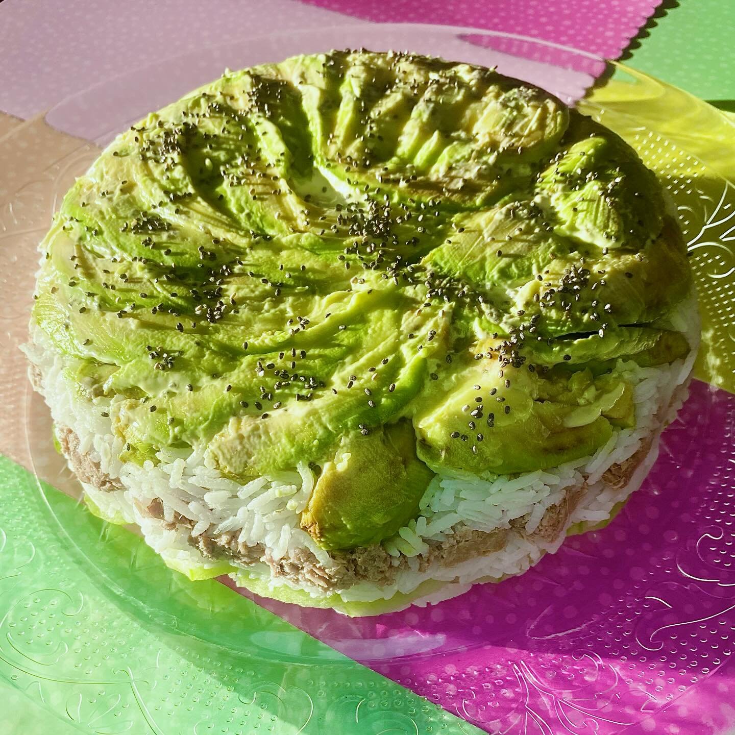 Homemade Easy Tuna Sushi Cake, freshly made and ready to serve