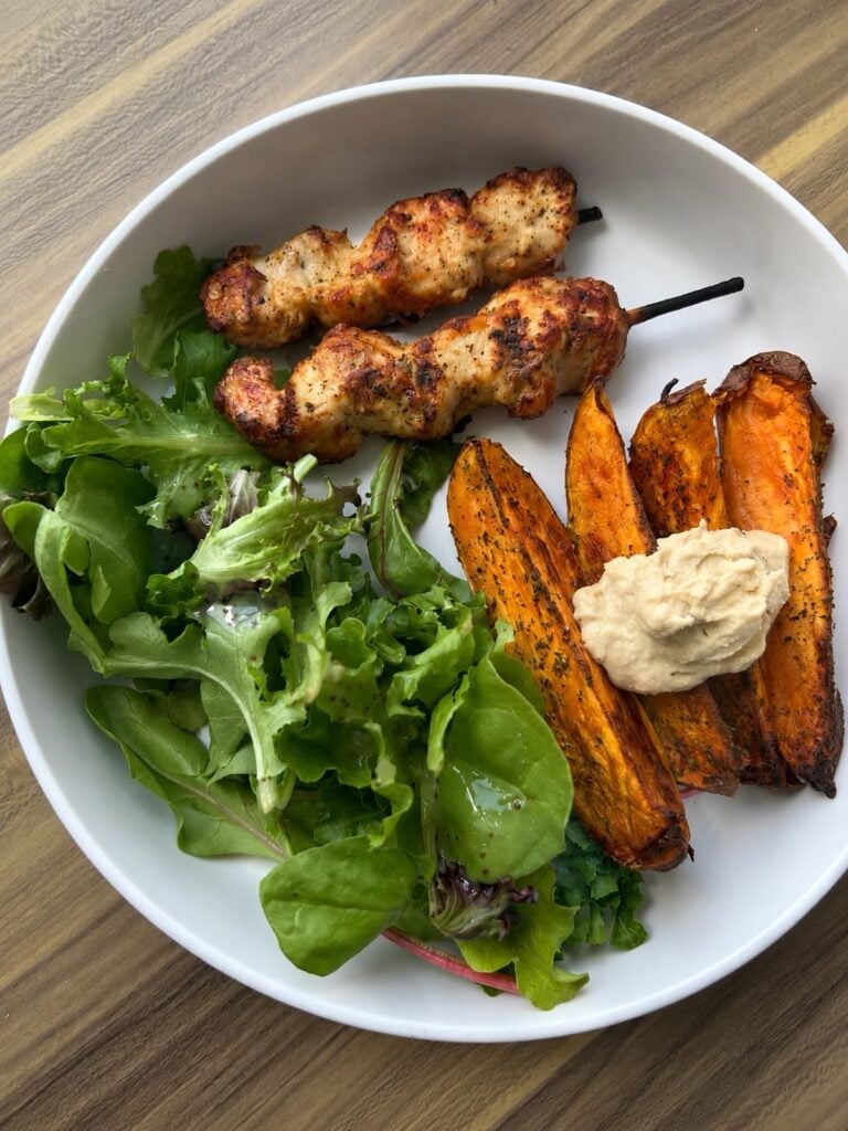 Homemade Turkey Skewers with Roasted Potatoes, freshly made and ready to serve