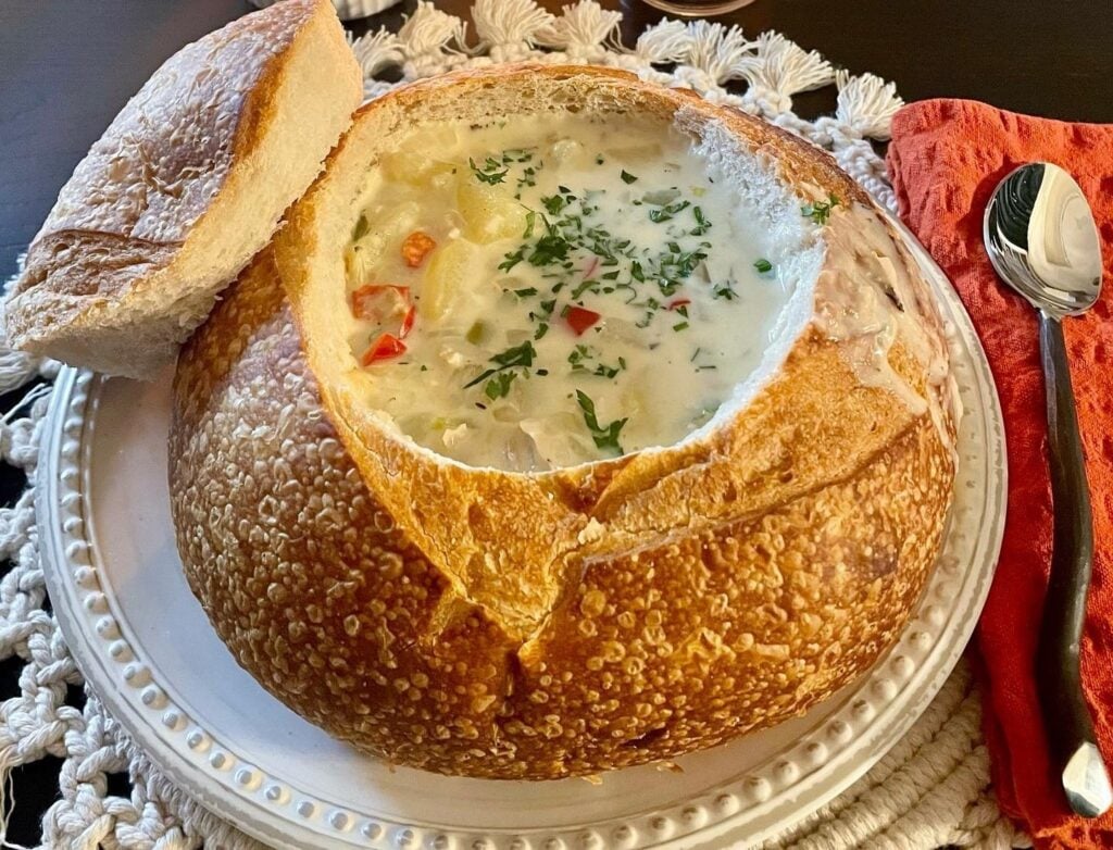 Copycat Disneyland Clam Chowder Bread Bowl, freshly made and ready to serve