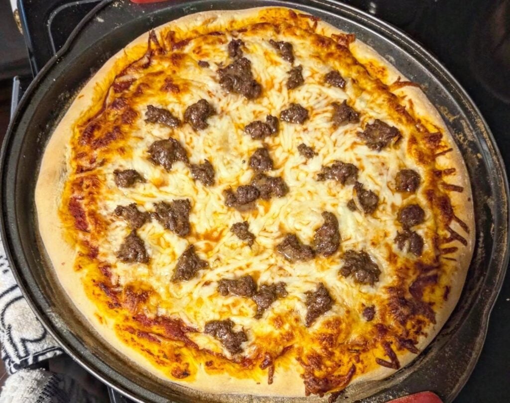 Homemade Ground Beef Pizza, freshly made and ready to serve