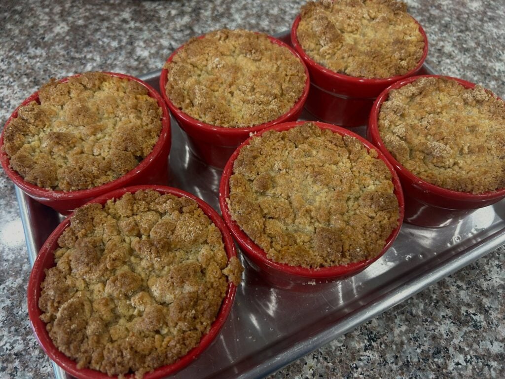 Homemade Individual Apple Crisp in Ramekins, freshly made and ready to serve