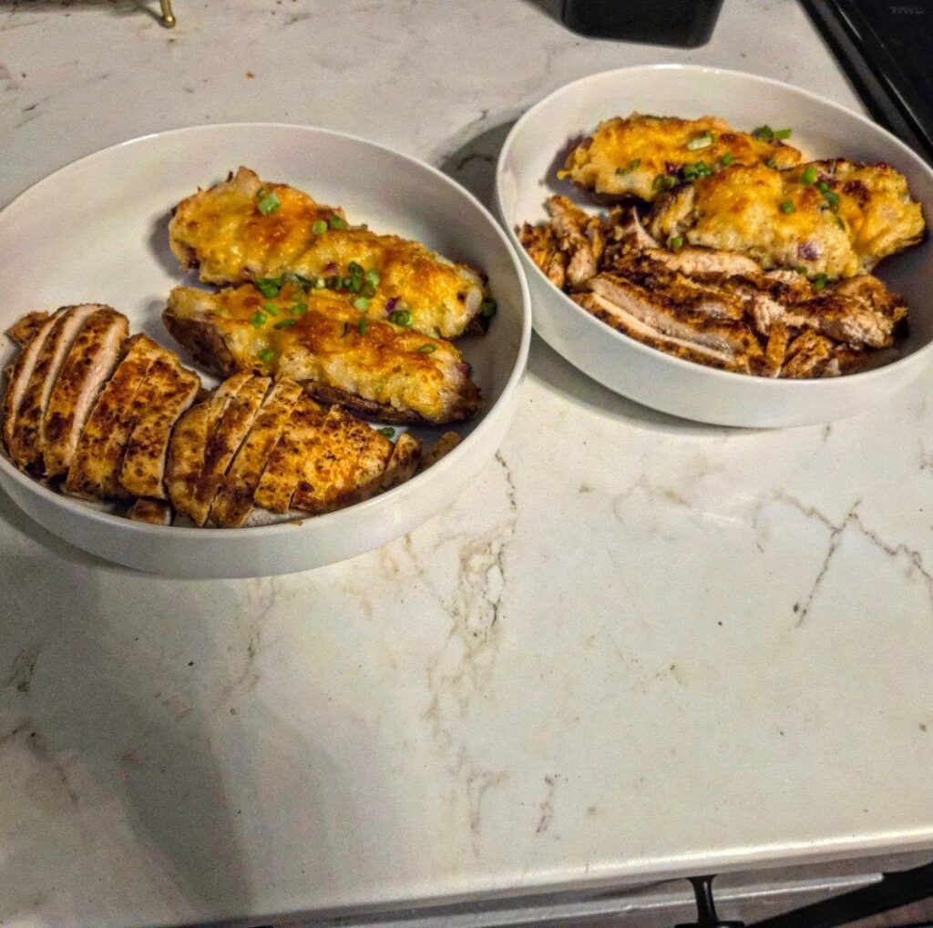 Homemade Twice Baked Potatoes with Smoky Chicken, freshly made and ready to serve